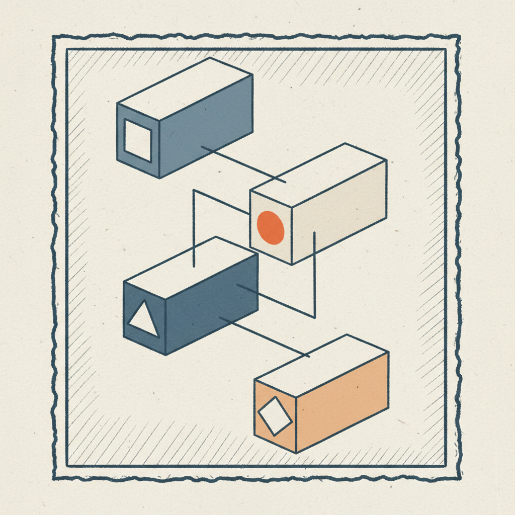 4단계 블록이 지그재그로 이어지는 ACE 아키텍처 에디토리얼 일러스트